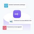 Illustration mettant en avant les principales fonctionnalités d’un produit audio numérique. Une icône centrale avec une onde sonore est entourée de trois avantages : « Soutient l’autonomie numérique », « Conforme à la norme WCAG 2.2 AA » et « Fonctionne sur tout appareil ».